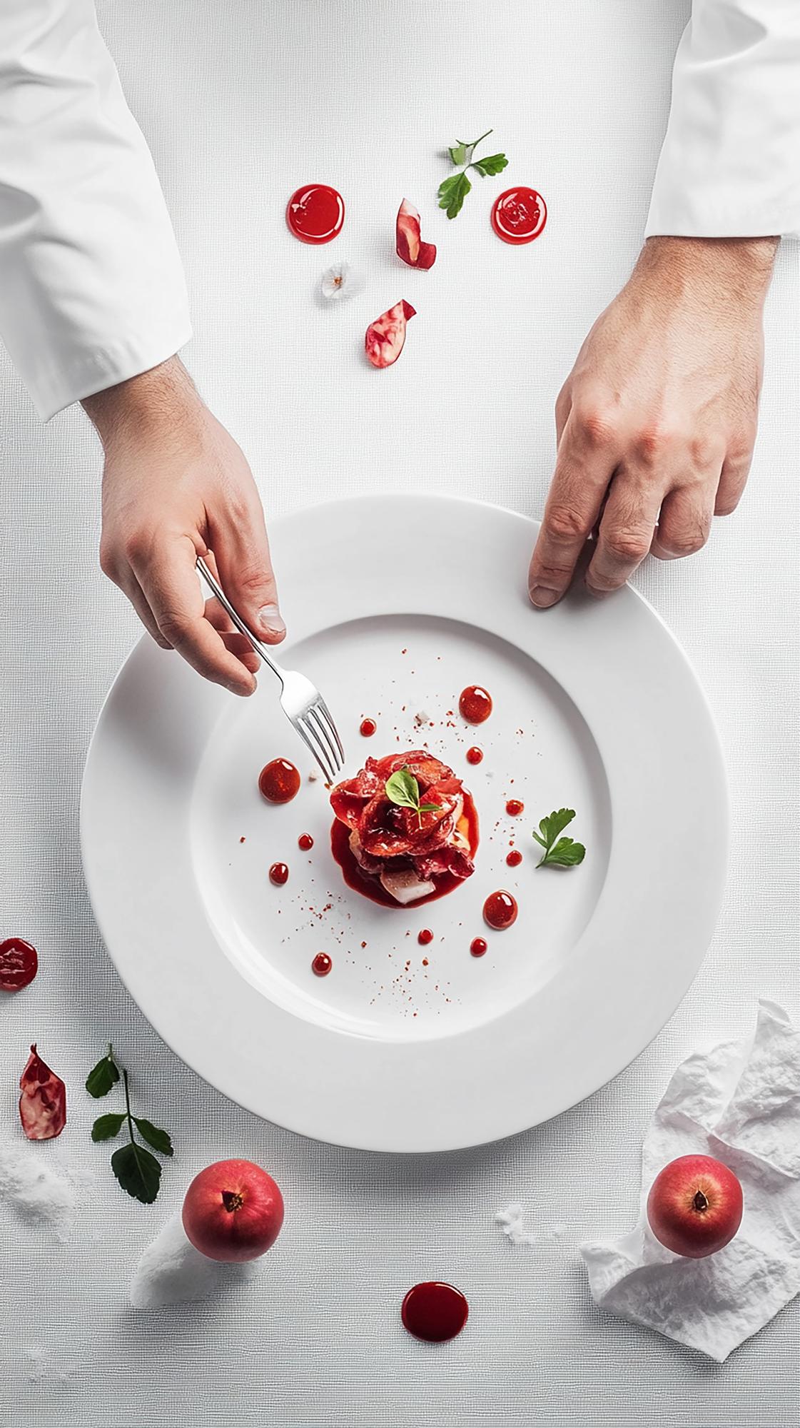 Close-up: hands garnishing a plated dessert